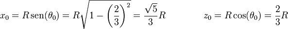 x_0 = R\,\mathrm{sen}(\theta_0) = R\sqrt{1-\left(\frac{2}{3}\right)^2}=\frac{\sqrt{5}}{3}R\qquad\qquad z_0 = R\cos(\theta_0)=\frac{2}{3}R