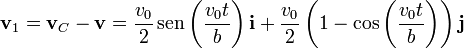\mathbf{v}_1 = \mathbf{v}_C-\mathbf{v}= \frac{v_0}{2}\,\mathrm{sen}\left(\frac{v_0t}{b}\right)\mathbf{i}+\frac{v_0}{2}\left(1-\cos\left(\frac{v_0t}{b}\right)\right)\mathbf{j}