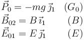 
\begin{array}{lr}
\vec{P}_0 = -mg\,\vec{\jmath}_1 & (G_0)\\
\vec{B}_{02} = B\,\vec{\imath}_1 & (B)\\
\vec{E}_{01} = E\,\vec{\jmath}_1 & (E)
\end{array}
