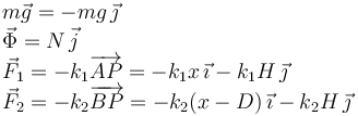 
\begin{array}{l}
m\vec{g} = -mg\,\vec{\jmath}\\
\vec{\Phi} = N\,\vec{j}\\
\vec{F}_1 = -k_1\overrightarrow{AP} =
   -k_1x\,\vec{\imath} - k_1H\,\vec{\jmath}\\
\vec{F}_2 = -k_2\overrightarrow{BP} = 
   -k_2(x-D)\,\vec{\imath} - k_2H\,\vec{\jmath}\\
\end{array}
