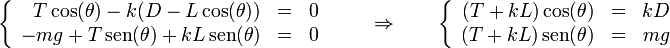 \left\{\begin{array}{rlc} T\cos(\theta)-k(D-L\cos(\theta)) & = & 0 \\-mg+T\,\mathrm{sen}(\theta)+kL\,\mathrm{sen}(\theta) & = & 0\end{array}\right.\qquad\Rightarrow\qquad
\left\{\begin{array}{rlc} (T+kL)\cos(\theta) & = & kD \\(T+kL)\,\mathrm{sen}(\theta) & = & mg\end{array}\right.