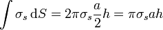 \int\sigma_s\,\mathrm{d}S = 2\pi\sigma_s\frac{a}{2}h=\pi\sigma_s a h