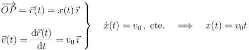 \left.\begin{array}{l}\displaystyle\overrightarrow{OP}=\vec{r}(t)=x(t)\!\ \vec{\imath}\\ \\ \displaystyle\vec{v}(t)=\frac{\mathrm{d}\vec{r}(t)}{\mathrm{d}t}=v_0\!\ \vec{\imath}\end{array}\right\}\quad \dot{x}(t)=v_0\,\mathrm{,}\,\;\mathrm{cte.}\quad\Longrightarrow\quad x(t)=v_0 t