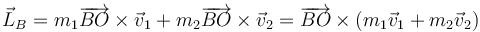 \vec{L}_B = m_1\overrightarrow{BO}\times\vec{v}_1+ m_2\overrightarrow{BO}\times\vec{v}_2=\overrightarrow{BO}\times(m_1\vec{v}_1+m_2\vec{v}_2)