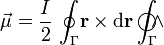 \vec{\mu}=\frac{I}{2}\!\ \oint_\Gamma\!\mathbf{r}\times\mathrm{d}\mathbf{r}\int_\Gamma\!\!\!\!\!\!\!\bigcirc\!\!\wedge \!