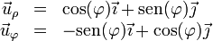 \begin{array}{rcl}
\vec{u}_\rho & = & \cos(\varphi)\vec{\imath}+\mathrm{sen}(\varphi)\vec{\jmath} \\
\vec{u}_\varphi & = & -\mathrm{sen}(\varphi)\vec{\imath}+\cos(\varphi)\vec{\jmath}
\end{array}