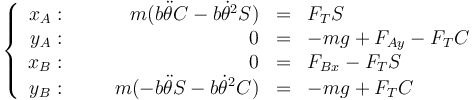 \left\{\begin{array}{rcrcl}x_A:&\quad&m(b\ddot{\theta}C-b\dot{\theta}^2S)&=&F_TS\\y_A: &\quad&0&=&-mg+F_{Ay}-F_TC\\x_B:&\quad&0&=&F_{Bx}-F_TS\\y_B: &\quad&m(-b\ddot{\theta}S-b\dot{\theta}^2C)&=&-mg+F_TC\end{array}\right.