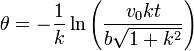 \theta=-\frac{1}{k}\ln\left(\frac{v_0kt}{b\sqrt{1+k^2}}\right)