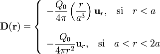 \mathbf{D}(\mathbf{r})=\left\{\begin{array}{l}\displaystyle
-\frac{Q_0}{4\pi}\left(\frac{r}{a^3}\right)\mathbf{u}_r\mathbf{,}\quad\mathrm{si}\quad r<a\\ \\
\displaystyle -\frac{Q_0}{4\pi r^2}\mathbf{u}_r\mathbf{,}\quad\mathrm{si}\quad a<r<2a\end{array}\right.