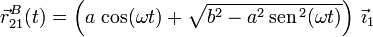 \vec{r}^B_{21}(t) = \left(a\,\cos(\omega t) + \sqrt{b^2-a^2\,\mathrm{sen}\,^2(\omega t)}\right)\,\vec{\imath}_1