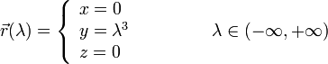 
  \vec{r}(\lambda)=
  \left\{
  \begin{array}{l}
    x=0\\ y=\lambda^3 \\ z=0
  \end{array}
  \right.
  \qquad\qquad
  \lambda\in(-\infty,+\infty)
