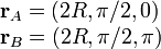 
\begin{array}{l}
\mathbf{r}_A = (2R,\pi/2,0)\\
\mathbf{r}_B = (2R,\pi/2,\pi)
\end{array}
