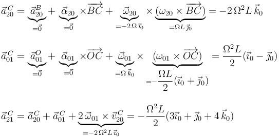 \begin{array}{l}
\vec{a}^{\, C}_{20}=\displaystyle\underbrace{\vec{a}^{B}_{20}}_{=\vec{0}}+\,\underbrace{\vec{\alpha}_{20}}_{=\vec{0}}\times\overrightarrow{BC}+\underbrace{\vec{\omega}_{20}}_{=-2\,\Omega\,\vec{\imath}_0}\times\underbrace{(\omega_{20}\times\overrightarrow{BC})}_{=\Omega L\,\vec{\jmath}_0}=-2\,\Omega^2 L\,\vec{k}_0 \\ \\
\vec{a}^{\, C}_{01}=\displaystyle\underbrace{\vec{a}^{O}_{01}}_{=\vec{0}}+\,\underbrace{\vec{\alpha}_{01}}_{=\vec{0}}\times\overrightarrow{OC}+\underbrace{\vec{\omega}_{01}}_{=\Omega\,\vec{k}_0}\times\underbrace{(\omega_{01}\times\overrightarrow{OC})}_{=-\displaystyle\frac{\Omega L}{2}(\vec{\imath}_0+\vec{\jmath}_0)}=\displaystyle\frac{\Omega^2 L}{2}(\vec{\imath}_0-\vec{\jmath}_0) \\ \\ \vec{a}^{\, C}_{21}=\vec{a}^{\, C}_{20}+\vec{a}^{\, C}_{01}+\underbrace{2\,\vec{\omega}_{01}\times\vec{v}^{\, C}_{20}}_{=-2\,\Omega^2 L\,\vec{\imath}_0}=-\displaystyle\frac{\Omega^2 L}{2}(3\vec{\imath}_0+\vec{\jmath}_0+4\,\vec{k}_0)
\end{array}
