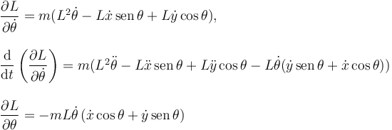 
\begin{array}{l}
\dfrac{\partial L}{\partial \dot{\theta}} = m(L^2\dot{\theta} - L\dot{x}\,\mathrm{sen}\,\theta + L\dot{y}\cos\theta),
\\ \\
\dfrac{\mathrm{d}}{\mathrm{d}t}\left(\dfrac{\partial L}{\partial \dot{\theta}}\right) = 
m(L^2\ddot{\theta} - L\ddot{x}\,\mathrm{sen}\,\theta + L\ddot{y}\cos\theta 
- L\dot{\theta}(\dot{y}\,\mathrm{sen}\,\theta + \dot{x}\cos\theta))
\\ \\
\dfrac{\partial L}{\partial \theta} = -mL\dot{\theta}\,(\dot{x}\cos\theta + \dot{y}\,\mathrm{sen}\,\theta)
\end{array}
