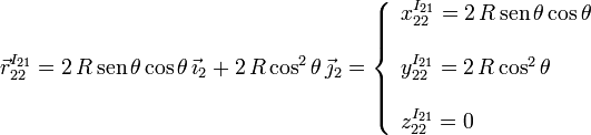 
\vec{r}^{I_{21}}_{22} = 2\,R\,\mathrm{sen}\,\theta\cos\theta\,\vec{\imath}_2 + 2\,R\cos^2\theta\,\vec{\jmath}_2
=
\left\{
\begin{array}{l}
x^{I_{21}}_{22} = 2\,R\,\mathrm{sen}\,\theta\cos\theta
\\  \\
y^{I_{21}}_{22} = 2\,R\cos^2\theta
\\ \\
z^{I_{21}}_{22} = 0
\end{array}
\right.
