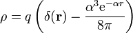 \rho =
q\left(\delta(\mathbf{r})-\frac{\alpha^3\mathrm{e}^{-\alpha
r}}{8\pi}\right)