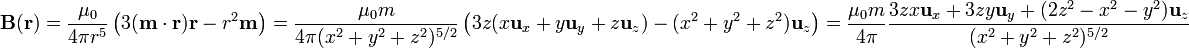 \mathbf{B}(\mathbf{r})=\frac{\mu_0}{4\pi r^5}\left(3(\mathbf{m}\cdot\mathbf{r})\mathbf{r}-r^2\mathbf{m}\right)=
\frac{\mu_0m}{4\pi {(x^2+y^2+z^2)^{5/2}}}\left(3z(x\mathbf{u}_x+y\mathbf{u}_y+z\mathbf{u}_z)-(x^2+y^2+z^2)\mathbf{u}_z\right)=\frac{\mu_0m}{4\pi}\frac{3zx\mathbf{u}_x+3zy\mathbf{u}_y+(2z^2-x^2-y^2)\mathbf{u}_z}{(x^2+y^2+z^2)^{5/2}}