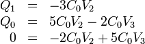 \begin{array}{rcl}
Q_1 & = & -3C_0V_2 \\
Q_0 & = & 5C_0V_2-2C_0V_3 \\
0 & = & -2C_0V_2+5C_0V_3
\end{array}