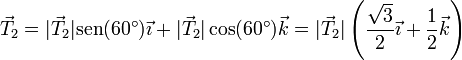 \vec{T}_2 = |\vec{T}_2|\mathrm{sen}(60^\circ)\vec{\imath}+|\vec{T}_2|\cos(60^\circ)\vec{k}=|\vec{T}_2|\left(\frac{\sqrt{3}}{2}\vec{\imath}+\frac{1}{2}\vec{k}\right)