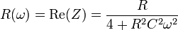 R(\omega) = \mathrm{Re}(Z)=\frac{R}{4+R^2 C^2\omega^2}