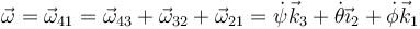 \vec{\omega}=\vec{\omega}_{41}=\vec{\omega}_{43}+\vec{\omega}_{32}+\vec{\omega}_{21}=\dot{\psi}\vec{k}_3+\dot{\theta}\vec{\imath}_2+\dot{\phi}\vec{k}_1