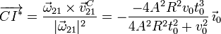 \overrightarrow{CI^*} = \dfrac{\vec{\omega}_{21}\times\vec{v}_{21}^C}{|\vec{\omega}_{21}|^2}=
-\dfrac{-4A^2R^2v_0t_0^3}{4A^2R^2t_0^2+v_0^2}\,\vec{\imath}_0