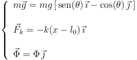 
\left\{\begin{array}{l} m\vec{g}=mg\,[\,\mathrm{sen}(\theta)\,\vec{\imath}-\mathrm{cos}(\theta)\,\vec{\jmath}\,\,] \\ \\ \vec{F}_k=-k(x-l_0)\,\vec{\imath} \\ \\ \vec{\Phi}=\Phi\,\vec{\jmath} \end{array}\right.
