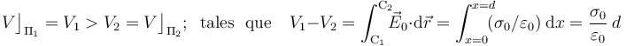 V\big\rfloor_{\Pi_1}=V_1>V_2=V\big\rfloor_{\Pi_2}\mathrm{;}\;\;\,\mathrm{tales}\,\;\,\mathrm{que}\,\;\;\; V_1-V_2=\int_{\mathrm{C}_1}^{\mathrm{C}_2}\!\!\!\vec{E}_0\cdot\!\ \mathrm{d}\vec{r}=\int_{x=0}^{x=d}\!\!\!(\sigma_0/\varepsilon_0)\ \mathrm{d}x=\frac{\sigma_0}{\varepsilon_0}\ d