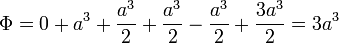 \Phi = 0+a^3 + \frac{a^3}{2}+\frac{a^3}{2}-\frac{a^3}{2}+\frac{3a^3}{2}
= 3a^3