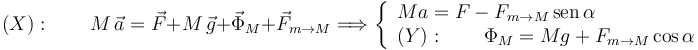 
(X):\qquad M\,\vec{a} = \vec{F} + M\,\vec{g} + \vec{\Phi}_M + \vec{F}_{m\to M}
\Longrightarrow
\left\{
\begin{array}{l}
 Ma = F - F_{m\to M}\,\mathrm{sen}\,\alpha
\\
(Y):\qquad \Phi_M = Mg + F_{m\to M}\cos\alpha
\end{array}
\right.
