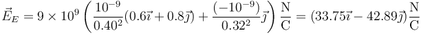 \vec{E}_E=9\times 10^9\left(\frac{10^{-9}}{0.40^2}(0.6\vec{\imath}+0.8\vec{\jmath})+\frac{(-10^{-9})}{0.32^2}\vec{\jmath}\right)\frac{\mathrm{N}}{\mathrm{C}}=(33.75\vec{\imath}-42.89\vec{\jmath})\frac{\mathrm{N}}{\mathrm{C}}