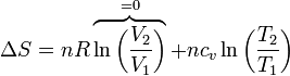 \Delta S = n R\overbrace{\ln\left(\frac{V_2}{V_1}\right)}^{=0}+n c_v\ln\left(\frac{T_2}{T_1}\right)