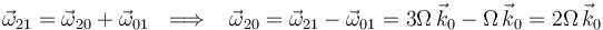 
\vec{\omega}_{21}=\vec{\omega}_{20}+\vec{\omega}_{01}\,\,\,\,\Longrightarrow\,\,\,\,\,\vec{\omega}_{20}=\vec{\omega}_{21}-\vec{\omega}_{01}=3\Omega\,\vec{k}_0-\Omega\,\vec{k}_0=2\Omega\,\vec{k}_0
