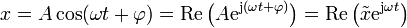 x = A \cos(\omega t + \varphi) = \mathrm{Re}\left(A \mathrm{e}^{\mathrm{j}(\omega t + \varphi)}\right) = \mathrm{Re}\left(\tilde{x}\mathrm{e}^{\mathrm{j}\omega t}\right)