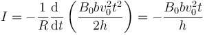 I=-\frac{1}{R}\frac{\mathrm{d}\ }{\mathrm{d}t}\left(\frac{B_0bv_0^2 t^2}{2h}\right)=-\frac{B_0bv_0^2t}{h}