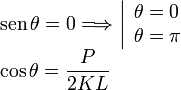 
\begin{array}{l}
  \mathrm{sen}\,\theta=0\Longrightarrow
  \left|
  \begin{array}{l}
    \theta=0\\ \theta=\pi
  \end{array}
  \right.
\\
  \cos\theta = \dfrac{P}{2KL}
\end{array}
