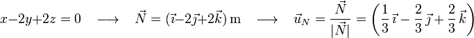 x-2y+2z=0\,\,\,\,\,\longrightarrow\,\,\,\,\, \vec{N}=(\vec{\imath}-2\vec{\jmath}+2\vec{k})\,\mathrm{m}\,\,\,\,\,\longrightarrow\,\,\,\,\, \vec{u}_N=\frac{\vec{N}}{|\vec{N}|}=\left(\frac{1}{3}\,\vec{\imath}-\frac{2}{3}\,\vec{\jmath}+\frac{2}{3}\,\vec{k}\right)\,