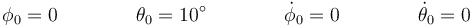 \phi_0=0\qquad\qquad \theta_0=10^\circ\qquad\qquad \dot{\phi}_0=0\qquad\qquad \dot{\theta}_0=0