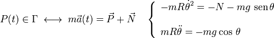 P(t)\in\Gamma\;\longleftrightarrow\;m\vec{a}(t)=\vec{P}+\vec{N}\quad\left\{\begin{array}{l}\displaystyle -mR\dot{\theta}^2= -N-mg\ \mathrm{sen}\!\ \theta\\ \\ \displaystyle mR\ddot{\theta}= -mg\cos\!\ \theta\end{array}\right.