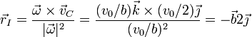 \vec{r}_I = \frac{\vec{\omega}\times\vec{v}_C}{|\vec{\omega}|^2} = \frac{(v_0/b)\vec{k}\times(v_0/2)\vec{\jmath}}{(v_0/b)^2}=-\vec{b}{2}\vec{\jmath}