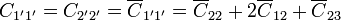 C_{1'1'}=C_{2'2'}= \overline{C}_{1'1'} = \overline{C}_{22}+2\overline{C}_{12}+\overline{C}_{23}