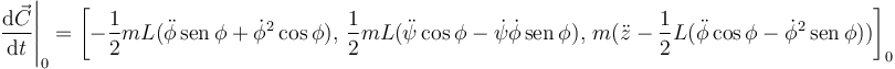 
\left.\dfrac{\mathrm{d}\vec{C}}{\mathrm{d}t}\right|_0
=
\left[
-\dfrac{1}{2}mL(\ddot{\phi}\,\mathrm{sen}\,\phi +  \dot{\phi}^2\cos\phi),\,
\dfrac{1}{2}mL(\ddot{\psi}\cos\phi - \dot{\psi}\dot{\phi}\,\mathrm{sen}\,\phi)
 ,\, m(\ddot{z}-\dfrac{1}{2}L(\ddot{\phi}\cos\phi - \dot{\phi}^2\,\mathrm{sen}\,\phi))
\right]_0
