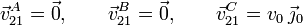 
  \vec{v}_{21}^A=\vec{0},\qquad \vec{v}_{21}^B=\vec{0},\qquad
  \vec{v}_{21}^C=v_0\,\vec{\jmath}_0
