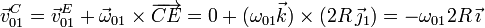 
\vec{v}_{01}^C=\vec{v}_{01}^E+\vec{\omega}_{01}\times\overrightarrow{CE} = 0 + (\omega_{01}\vec{k})\times(2R\,\vec{\jmath}_1) = -\omega_{01}2R\,\vec{\imath}
