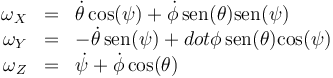 \begin{array}{rcl}
\omega_X & = & \dot{\theta}\cos(\psi)+\dot{\phi}\,\mathrm{sen}(\theta)\mathrm{sen}(\psi) \\
\omega_Y & = & -\dot{\theta}\,\mathrm{sen}(\psi)+dot{\phi}\,\mathrm{sen}(\theta)\mathrm{cos}(\psi) \\
\omega_Z & = & \dot{\psi}+\dot{\phi}\cos(\theta)
\end{array}