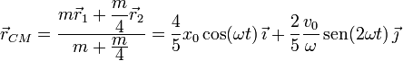 
\vec{r}_{CM} = \frac{\displaystyle m\vec{r}_1 +
\frac{m}{4}\vec{r}_2}{m+\frac{\displaystyle m}{\displaystyle 4}} = 
\frac{4}{5}x_0\cos(\omega t)\,\vec{\imath} +
\frac{2}{5}\frac{v_0}{\omega}\,\mathrm{sen}(2\omega t)\,\vec{\jmath}
