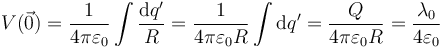 V(\vec{0})=\frac{1}{4\pi\varepsilon_0}\int \frac{\mathrm{d}q'}{R}=\frac{1}{4\pi\varepsilon_0R}\int \mathrm{d}q'=\frac{Q}{4\pi\varepsilon_0 R}=\frac{\lambda_0}{4\varepsilon_0}