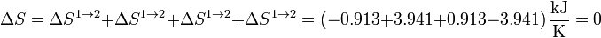 \Delta S = \Delta S^{1\to 2} + \Delta S^{1\to 2} + \Delta S^{1\to 2} +
\Delta S^{1\to 2} =(-0.913+3.941+0.913-3.941)\,\frac{\mathrm{kJ}}{\mathrm{K}} = 0