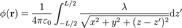 \phi(\mathbf{r})=\frac{1}{4\pi\varepsilon_0}\int_{-L/2}^{L/2} \frac{\lambda}{\sqrt{x^2+y^2+(z-z')^2}}\mathrm{d}z'