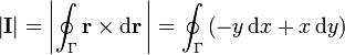 \left|\mathbf{I}\right| = \left| \oint_{\Gamma} \mathbf{r} \times \mathrm{d}\mathbf{r}\,\right|=\oint_\Gamma \left(-y\,\mathrm{d}x+x\,\mathrm{d}y\right)